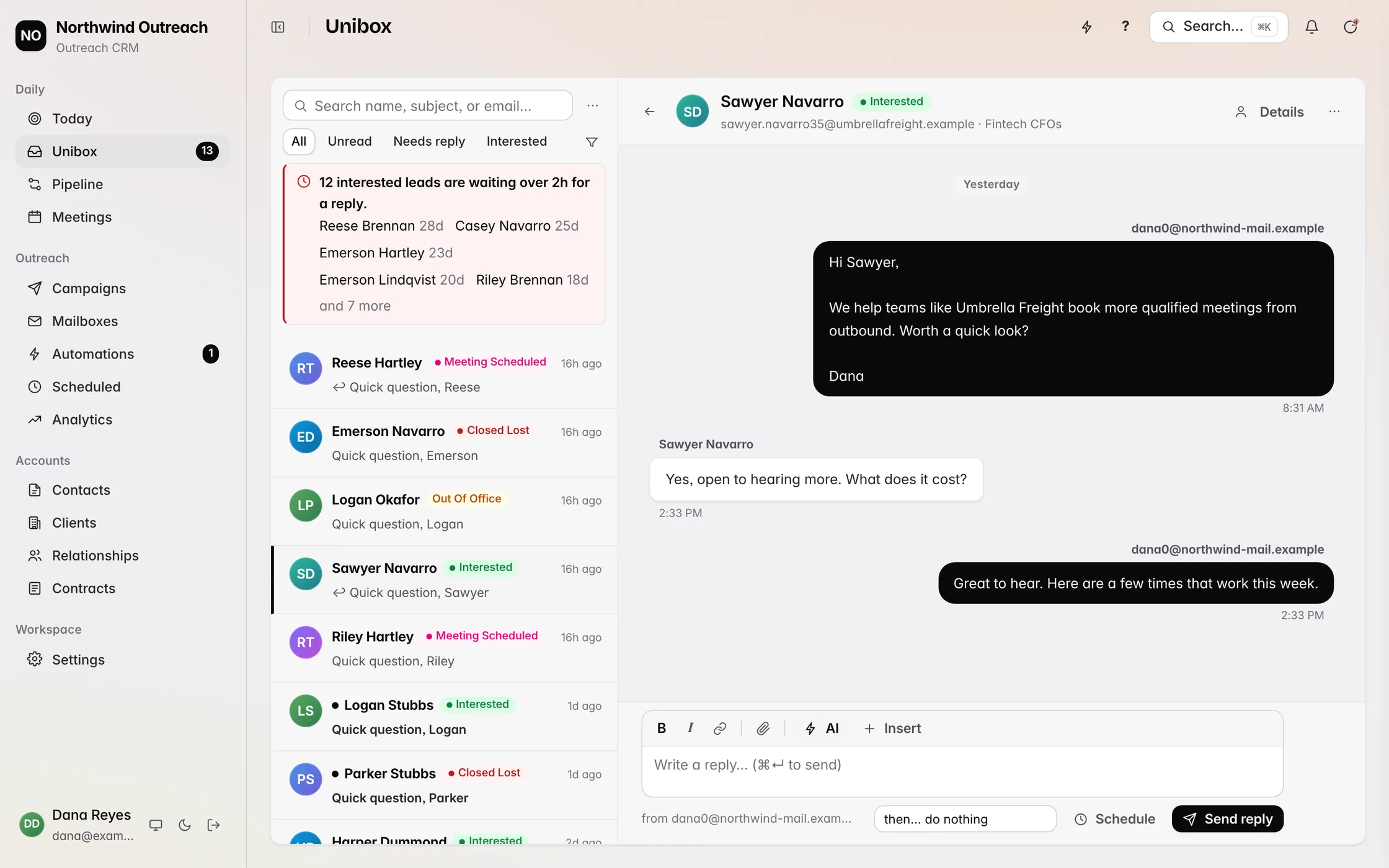 Revbound Unibox: Every reply from every sequencer in one list, with the thread and reply box open