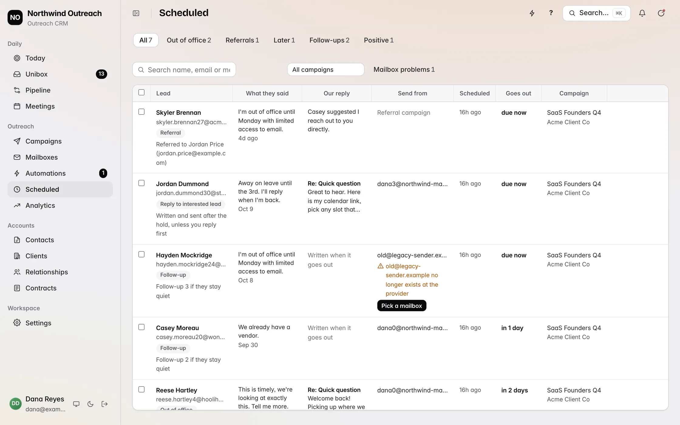 Revbound Scheduled: Replies waiting to go out, with the mailbox and send time for each