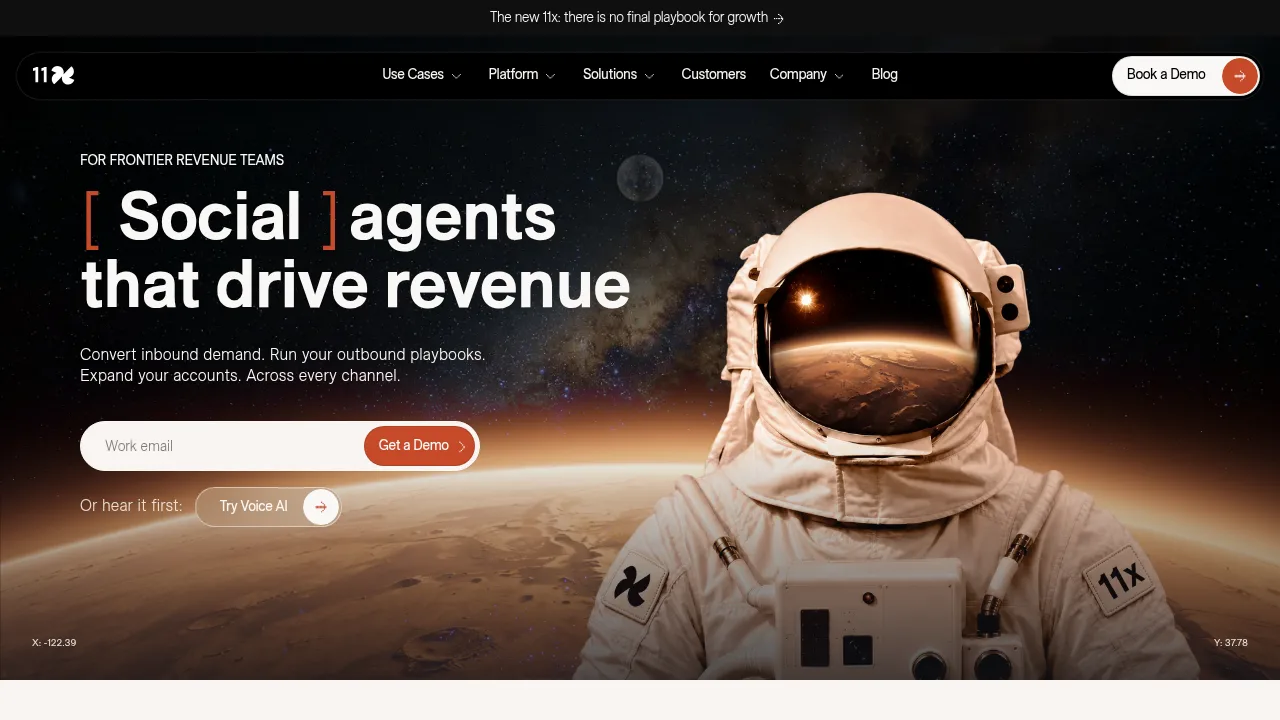 11x homepage headline about agents that drive revenue, with a Get a Demo field