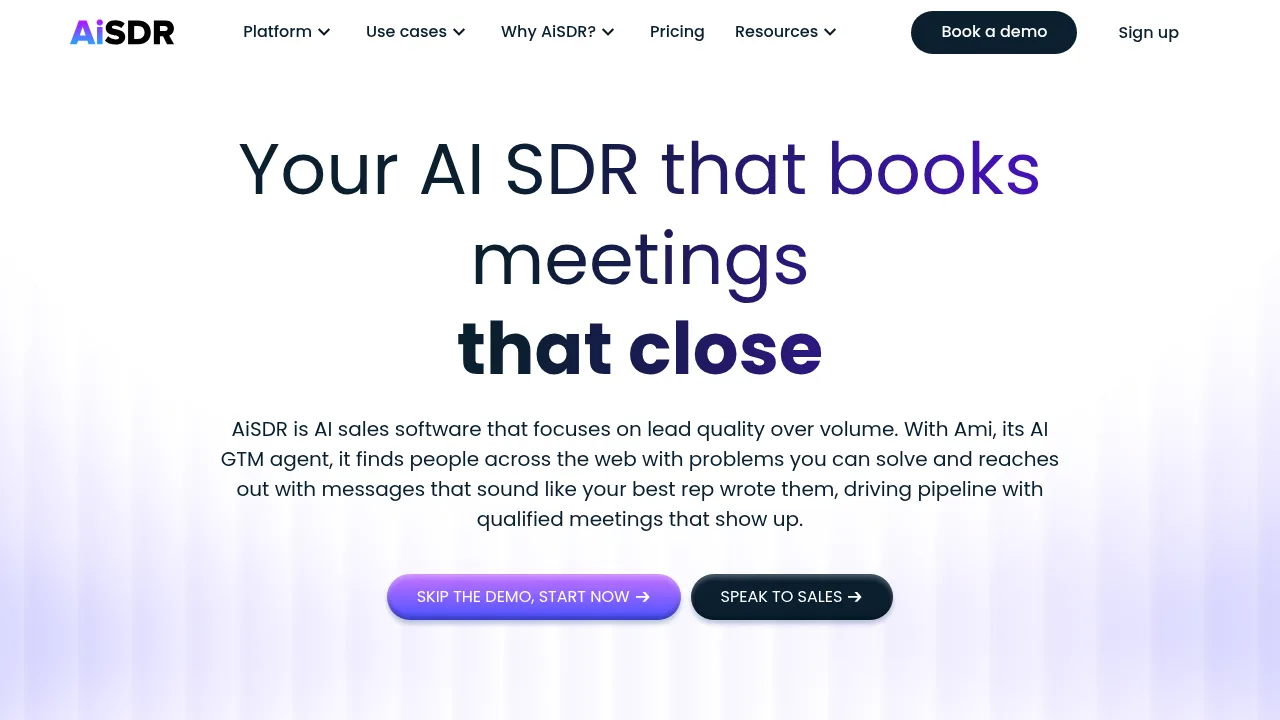 AiSDR homepage headline: Your AI SDR that books meetings that close