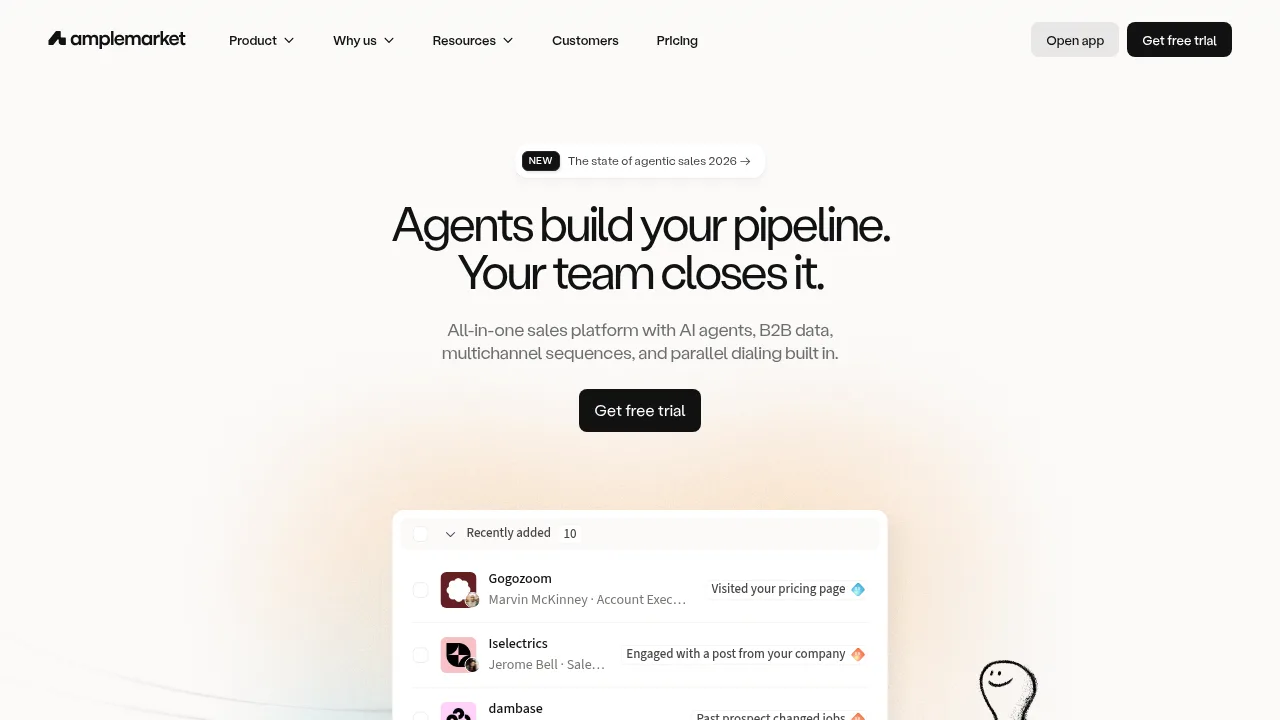 Amplemarket homepage headline: Agents build your pipeline. Your team closes it