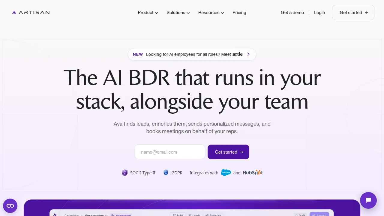 Artisan homepage headline about Ava, the AI BDR that runs in your stack