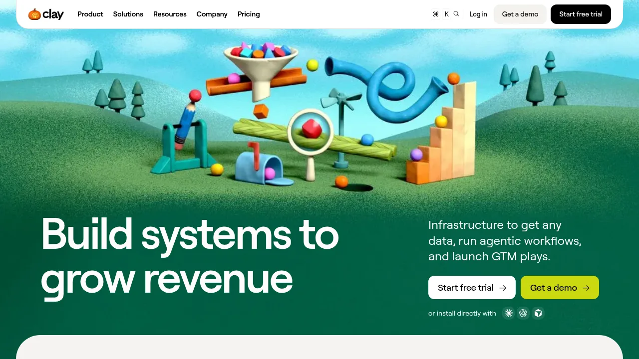 Clay homepage headline: Build systems to grow revenue