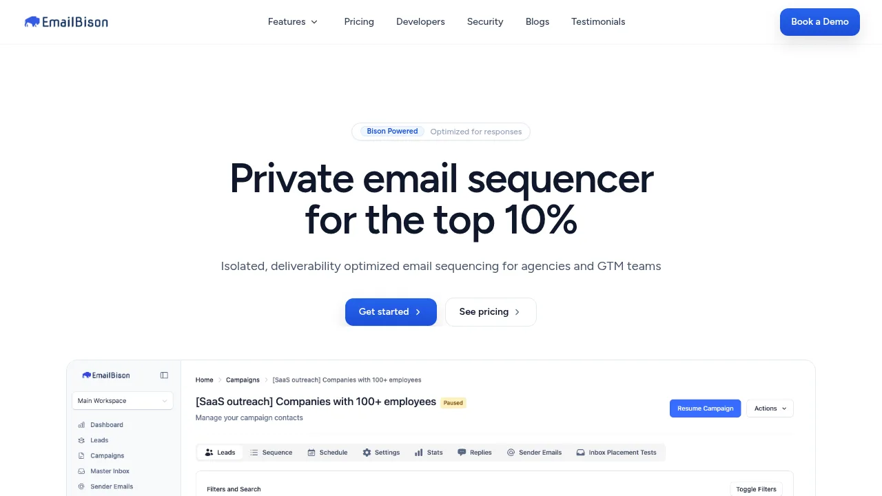 Email Bison homepage with a preview of its campaign screen