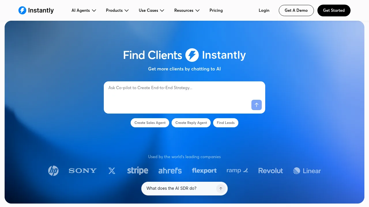 Instantly homepage with the Find Clients prompt box and customer logos