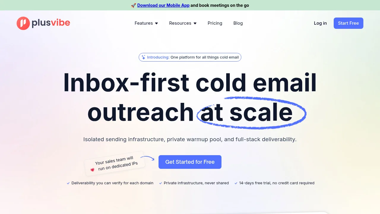 PlusVibe homepage headline about inbox-first cold email outreach at scale