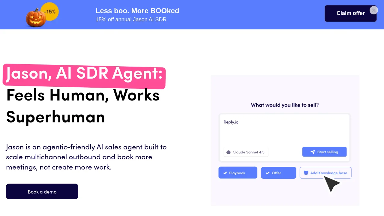 Reply.io Jason AI page with the headline Jason, AI SDR Agent and a setup preview