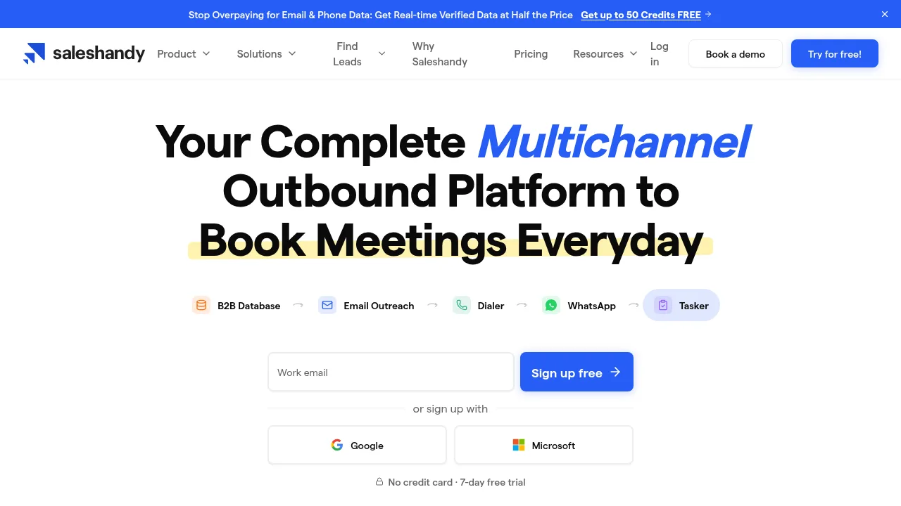 Saleshandy homepage with a work email sign-up box