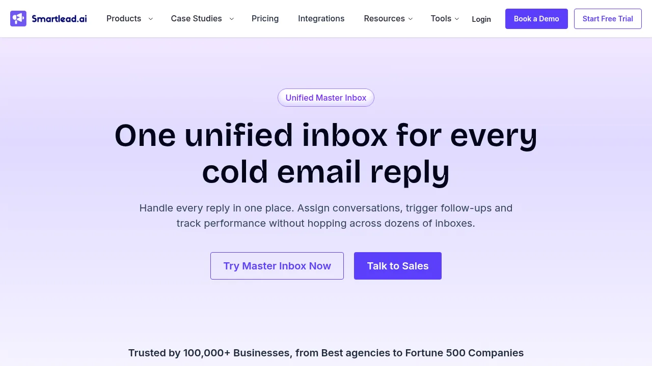Smartlead Unified Master Inbox page with the headline One unified inbox for every cold email reply
