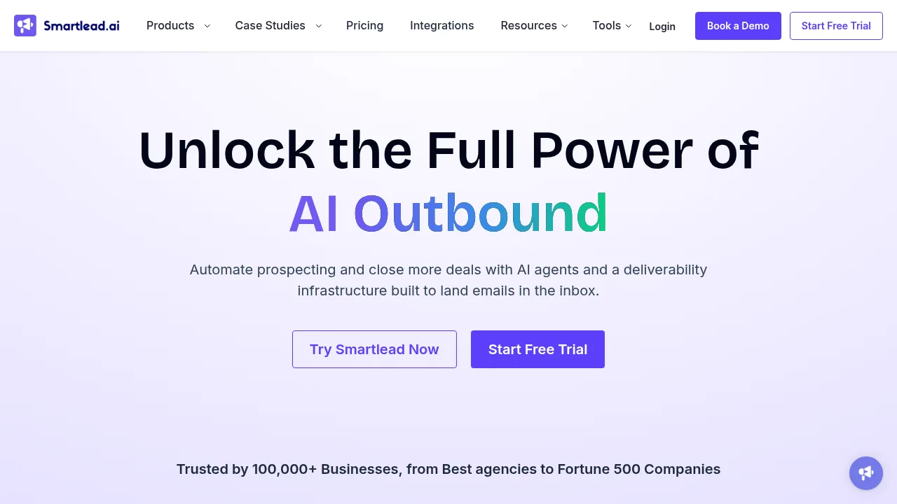 Smartlead homepage headline with Try Smartlead Now and Start Free Trial buttons